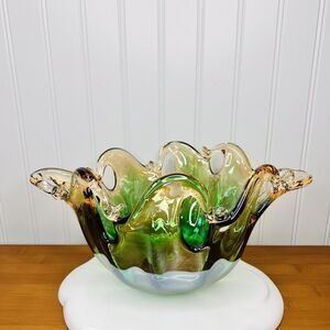 RARE Murano Green & Honey Amber 12” Art Glass Wave Bowl Center Piece BEAUTIFUL